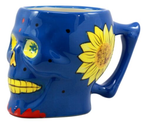 Blue Day Of The Dead Floral Sugar Skull Coffee Mug In Bright Colors Drink Cup