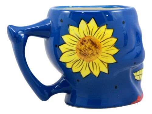 Blue Day Of The Dead Floral Sugar Skull Coffee Mug In Bright Colors Drink Cup