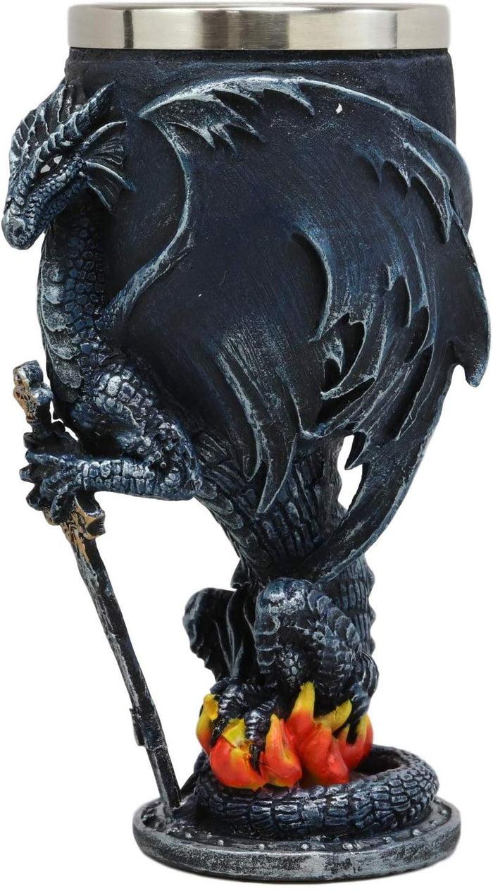 Blue Divine Fire Winged Dragon With Excalibur Sword Wine Goblet Chalice Cup 7oz