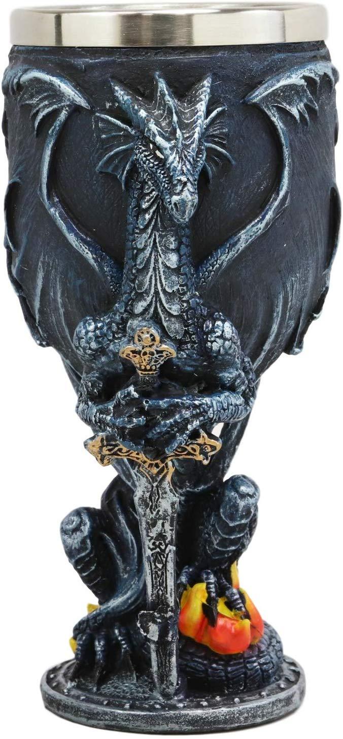 Blue Divine Fire Winged Dragon With Excalibur Sword Wine Goblet Chalice Cup 7oz