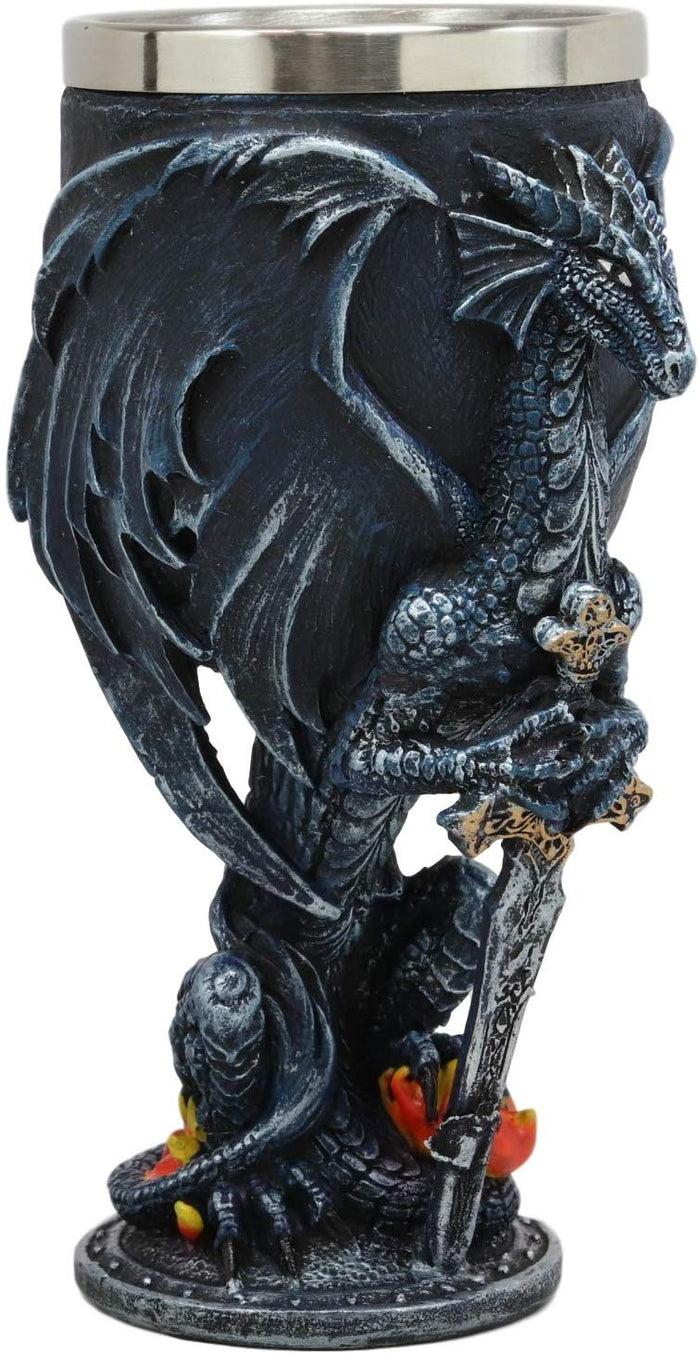 Blue Divine Fire Winged Dragon With Excalibur Sword Wine Goblet Chalice Cup 7oz