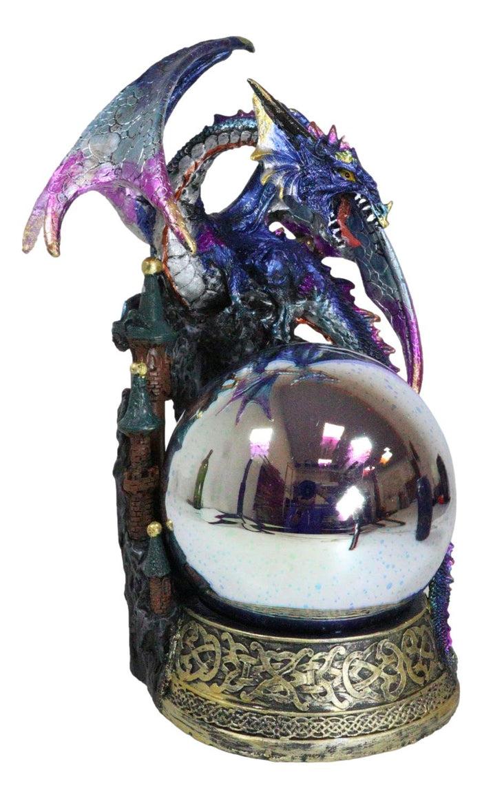 Blue Dragon Perching On Castle Top With Celtic Base And LED Optic Ball Statue