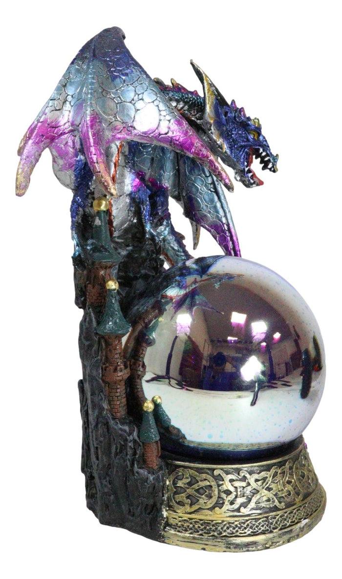 Blue Dragon Perching On Castle Top With Celtic Base And LED Optic Ball Statue