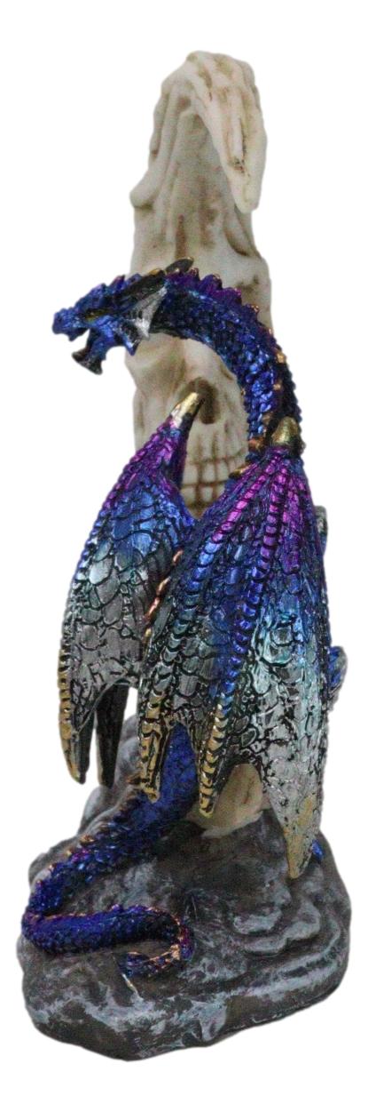 Blue Dragon With Baby Wyrmling Perching On Bone Skull Crescent Moon Figurine