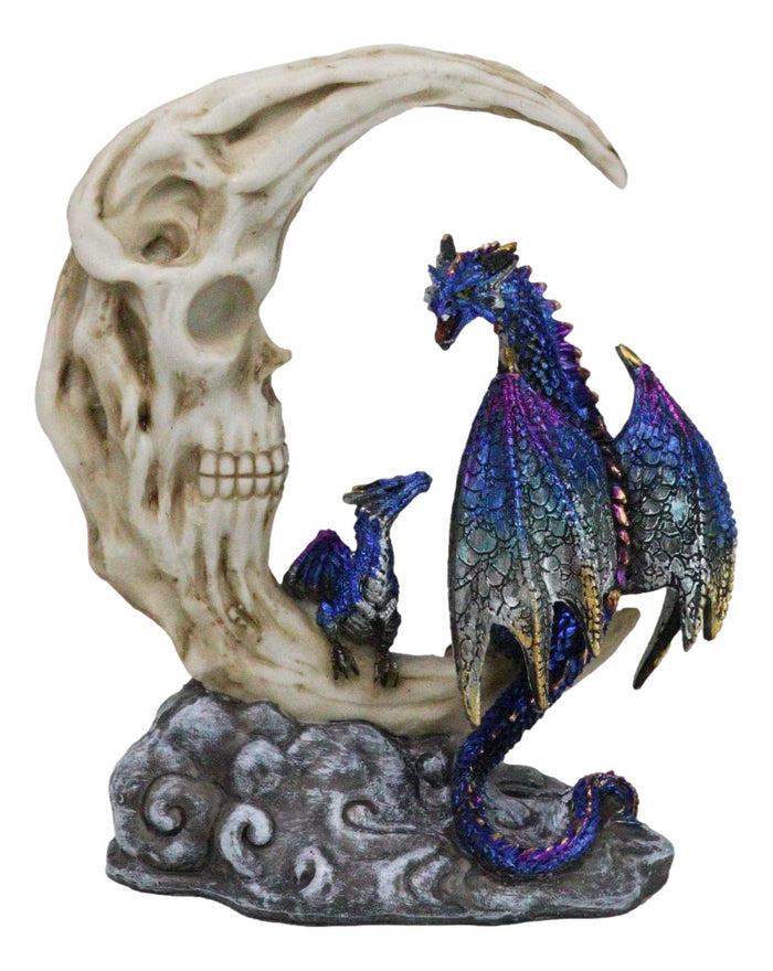 Blue Dragon With Baby Wyrmling Perching On Bone Skull Crescent Moon Figurine Blue Dragon With Baby Wyrmling Perching On Bone Skull Crescent Moon Figurine