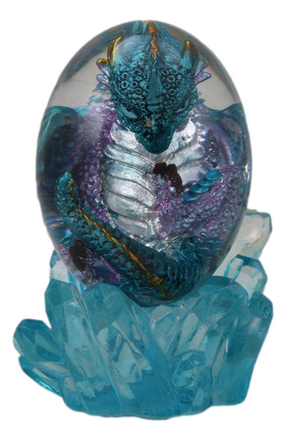 Blue Fossil Dragon Hatchling Sleeping In Faux Crystal Acrylic Glass Egg Figurine
