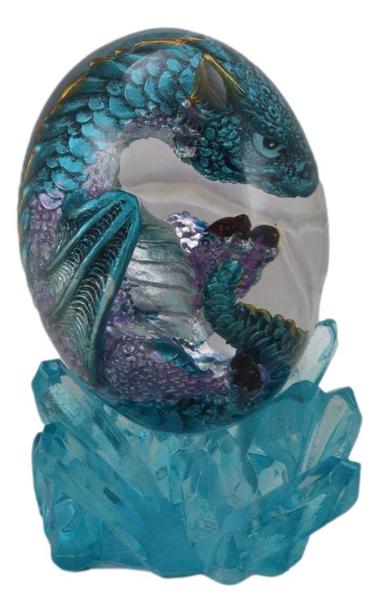 Blue Fossil Dragon Hatchling Sleeping In Faux Crystal Acrylic Glass Egg Figurine