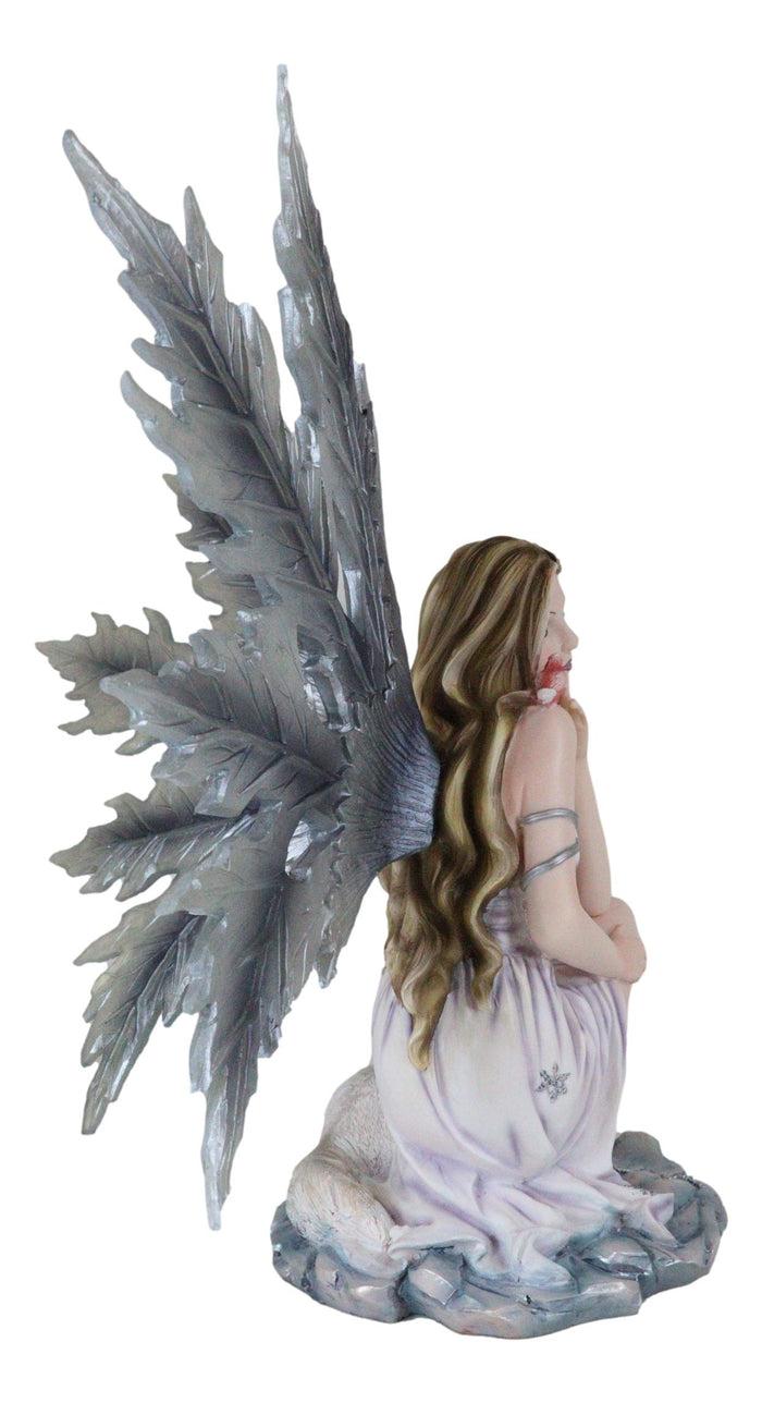 Blue Frozen Ice Fairy With Frost Flake Wings Crouching By Snow Wolf Pup Figurine