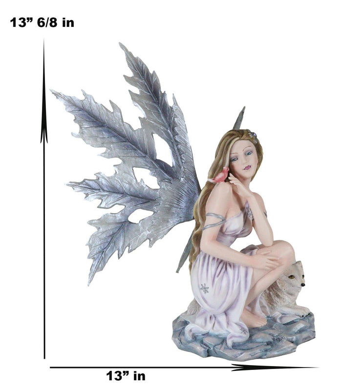 Blue Frozen Ice Fairy With Frost Flake Wings Crouching By Snow Wolf Pup Figurine