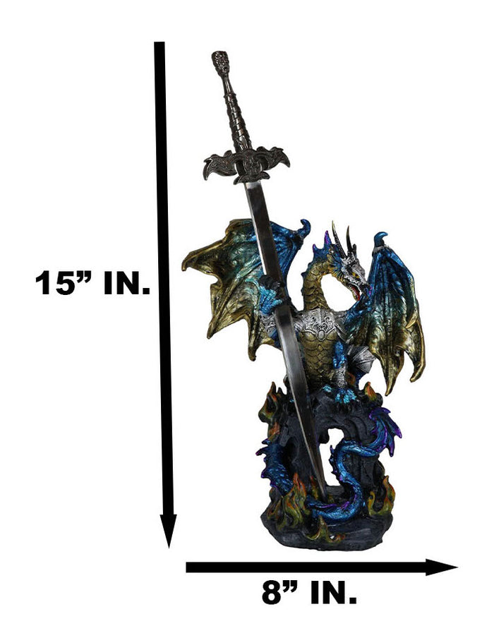 Blue Gold Royal Knight Armored Dragon With Gothic Sword Letter Opener Figurine