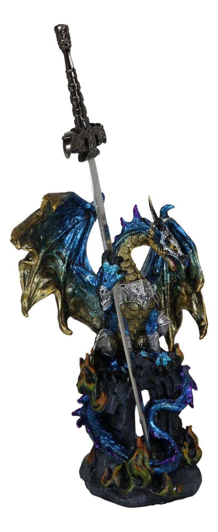 Blue Gold Royal Knight Armored Dragon With Gothic Sword Letter Opener Figurine