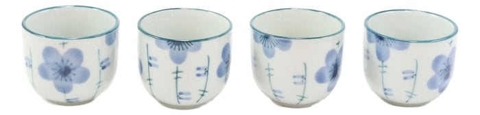 Blue Japanese Cherry Blossom Flowers Design Porcelain Tea Pot And 4 Cups Set