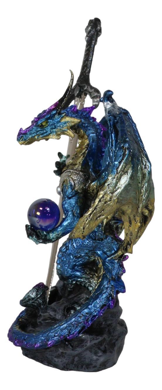 Blue Metallic Ice Knight Dragon With Orb And Gothic Sword Letter Opener Figurine