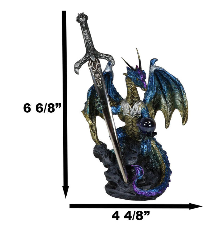 Blue Metallic Ice Knight Dragon With Orb And Gothic Sword Letter Opener Figurine