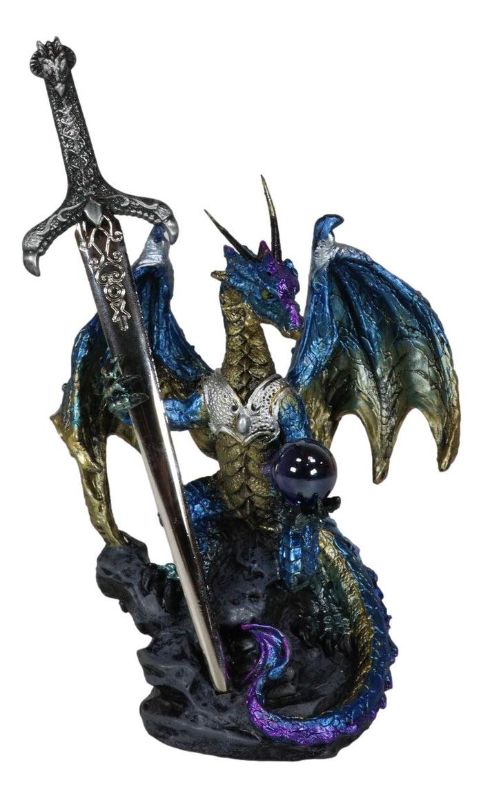 Blue Metallic Ice Knight Dragon With Orb And Gothic Sword Letter Opener Figurine