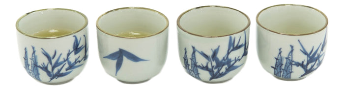 Blue Oriental Bamboo Branches And Leaves Design Porcelain Tea Pot And 4 Cups Set