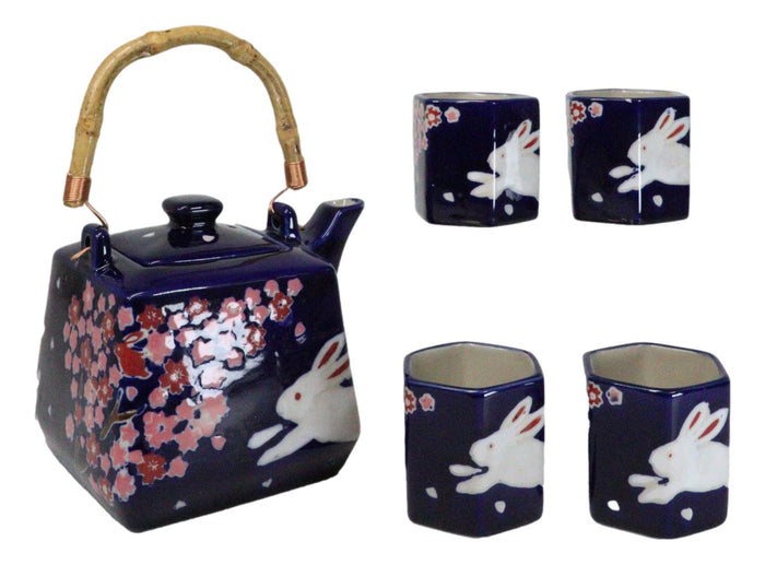 Blue Sakura Cherry Blossoms With Rabbit Hexagonal Teapot With 4 Tea Cups Set