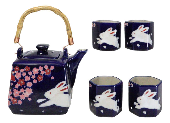 Blue Sakura Cherry Blossoms With Rabbit Hexagonal Teapot With 4 Tea Cups Set Blue Sakura Cherry Blossoms With Rabbit Hexagonal Teapot With 4 Tea Cups Set