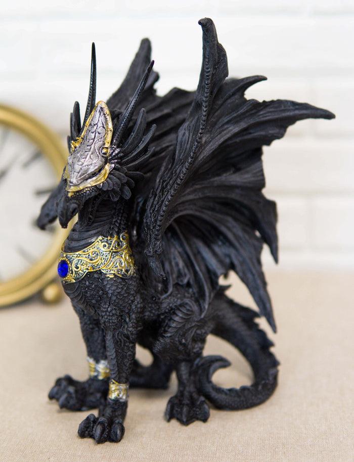 Blue Sapphire Golden Armored Combat Dragon Standing Guard In Faux Stone Statue