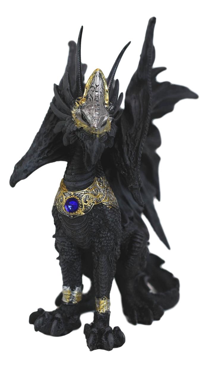 Blue Sapphire Golden Armored Combat Dragon Standing Guard In Faux Stone Statue