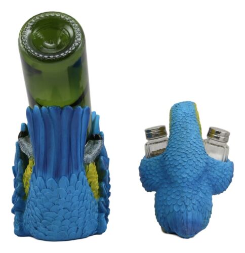 Blue Scarlet Macaw Parrot Wine Bottle And Salt Pepper Shakers Holder Statue Set