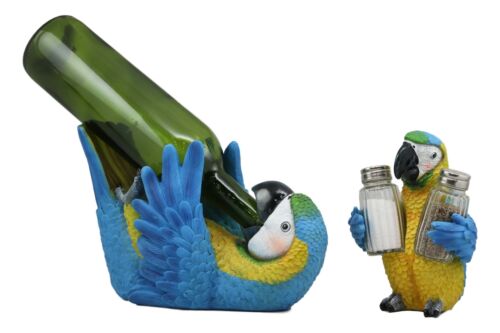 Blue Scarlet Macaw Parrot Wine Bottle And Salt Pepper Shakers Holder Statue Set
