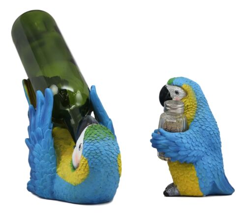 Blue Scarlet Macaw Parrot Wine Bottle And Salt Pepper Shakers Holder Statue Set