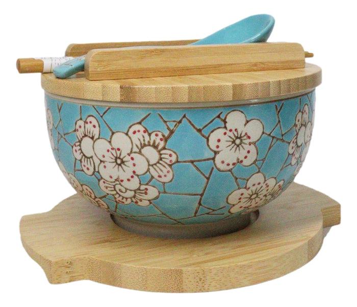 Blue Spring Blossoms Donburi Ramen Bowl With Lid Trivet Spoon Chopsticks Set Blue Spring Blossoms Donburi Ramen Bowl With Lid Trivet Spoon Chopsticks Set