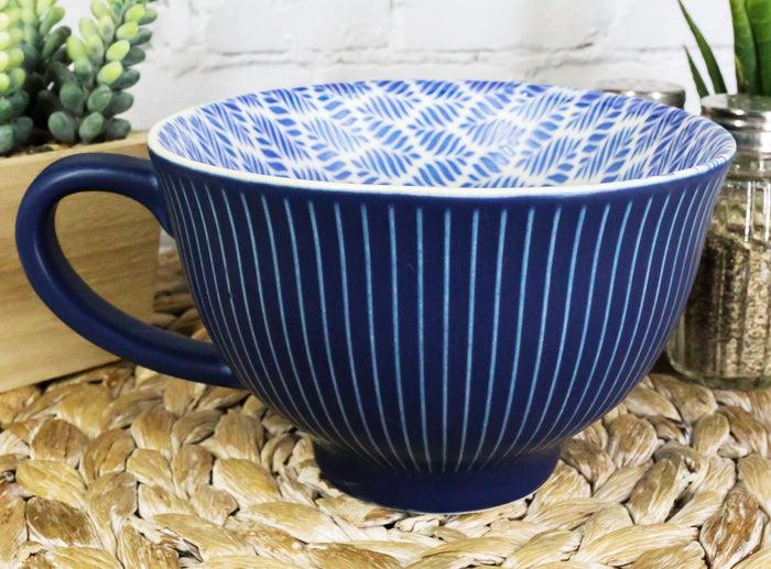 Blue Vintage Victorian Palm Leaves Design Large Porcelain Mug 19oz 5.25"D Set 6
