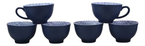 Blue Vintage Victorian Palm Leaves Design Large Porcelain Mug 19oz 5.25"D Set 6