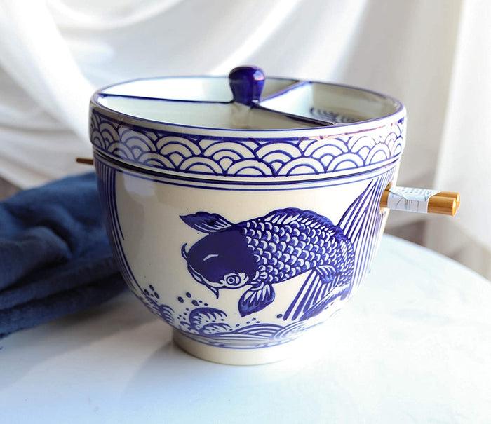 Blue White Koi Fish Ramen Bowl With Tempura Divider Condiment Lid Chopsticks Set