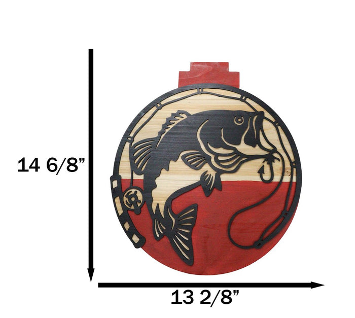 Bobber Shaped MDF Wood Fishing Line Rod Hook And Fish Wall Decor Plaque 14.75"H