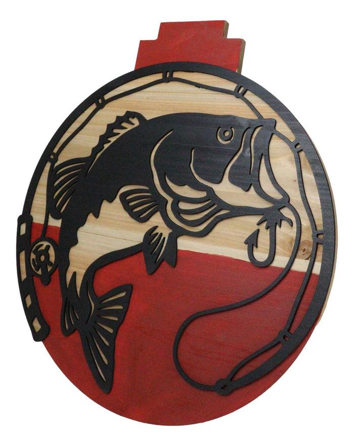 Bobber Shaped MDF Wood Fishing Line Rod Hook And Fish Wall Decor Plaque 14.75"H