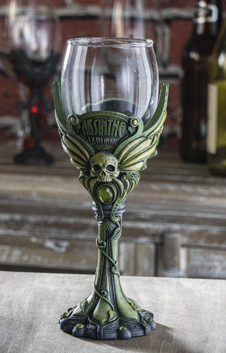 Bohemian Absinthe La Fee Verte Skull With Green Gem And Vine Stem Wine Goblet