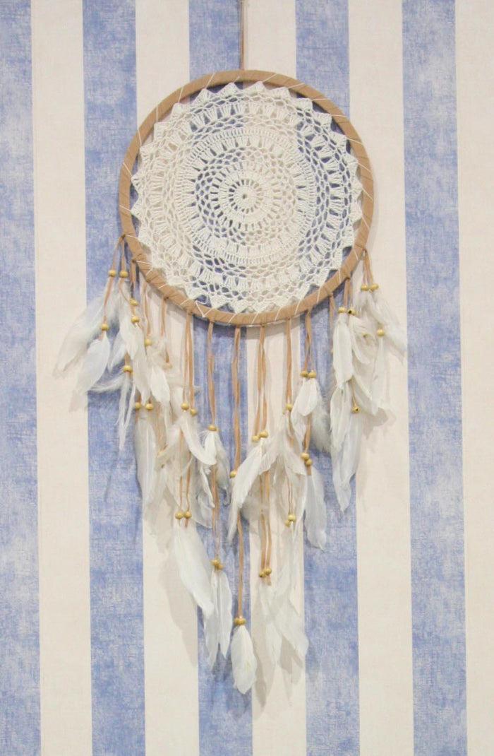 Bohemian Chic Hand Woven Tan Macrame Dream Catcher Feathers Boho Wall Decor