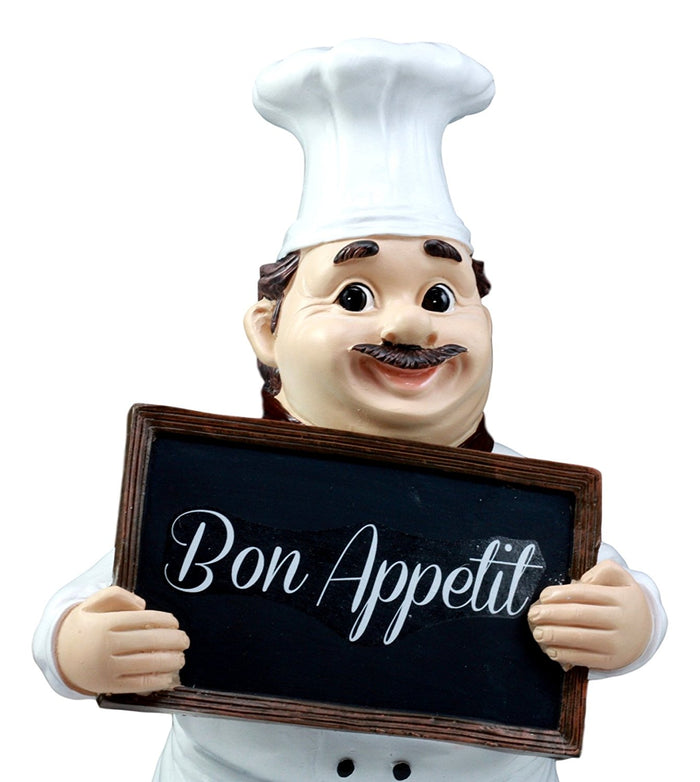Bon Appetit French Bistro Chef Pierre Holding Sign Kitchen Welcome Figurine 12"H