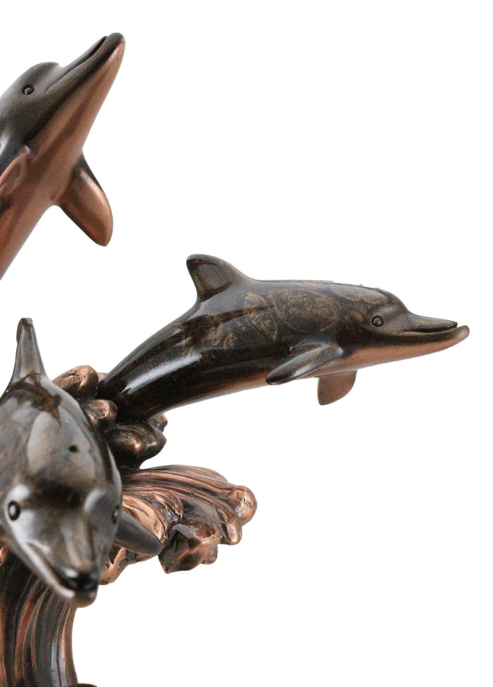 Bronze Electroplated Three Bottlenose Dolphins Riding Over Ocean Waves Statue