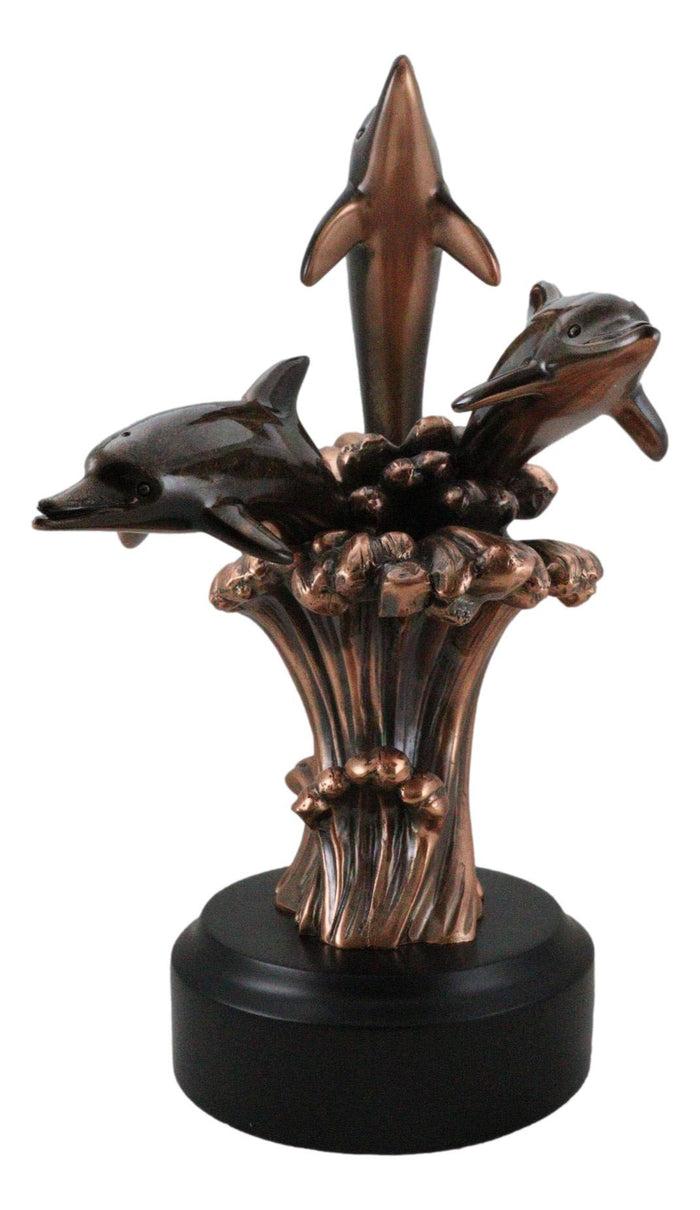 Bronze Electroplated Three Bottlenose Dolphins Riding Over Ocean Waves Statue