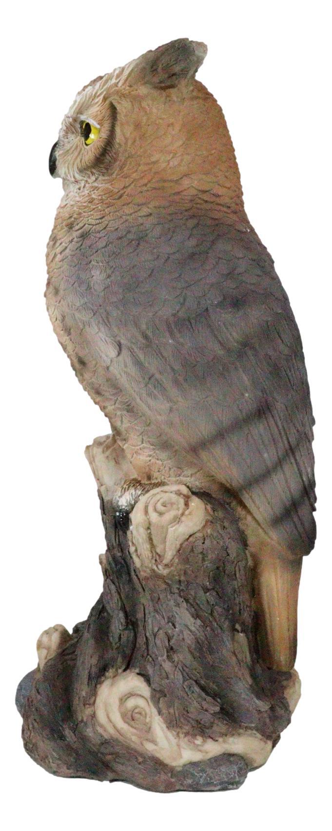 Brown Great Horned Owl Perching On Tree Branch Figurine Nocturnal Bird 14"H