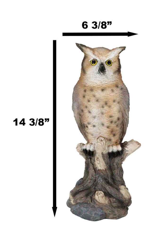 Brown Great Horned Owl Perching On Tree Branch Figurine Nocturnal Bird 14"H