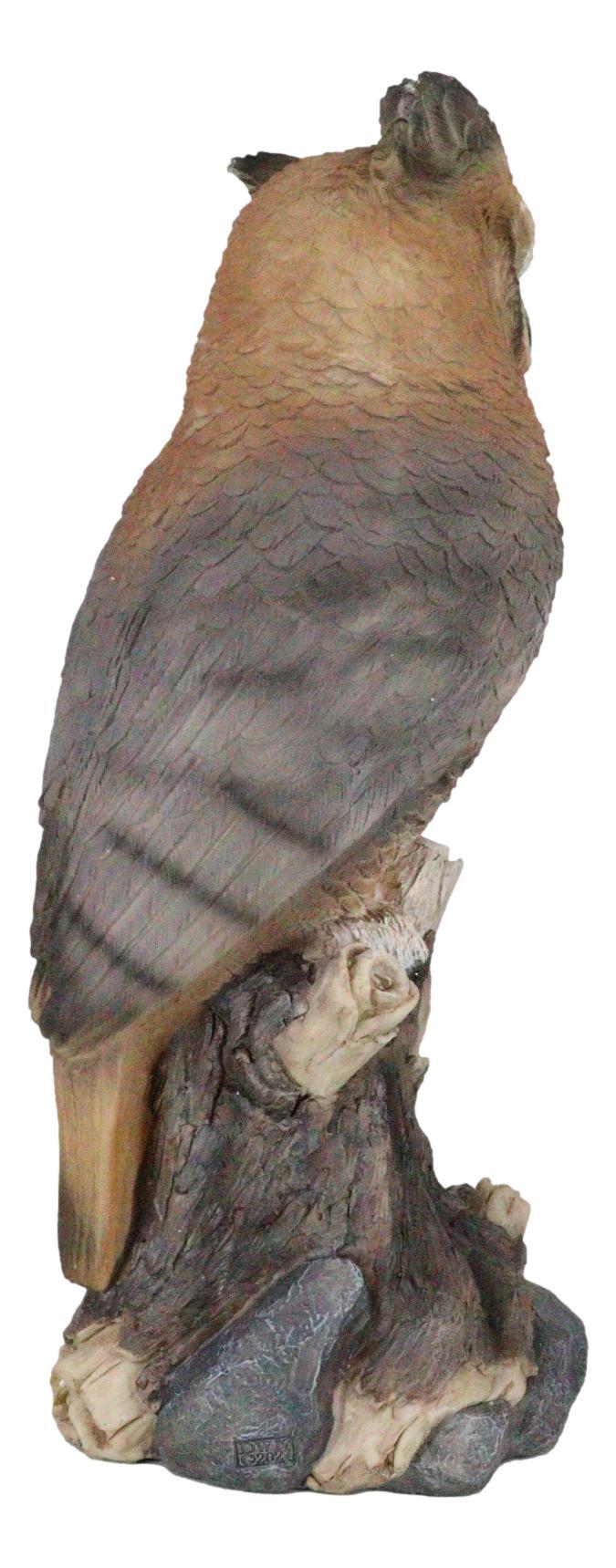 Brown Great Horned Owl Perching On Tree Branch Figurine Nocturnal Bird 14"H
