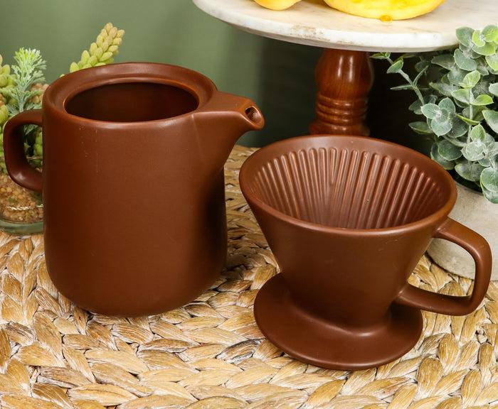 Brown Porcelain Coffee Maker Carafe Pot With Pour Over Dripper Filter Cup Set