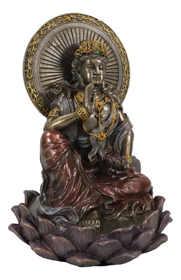 Buddha Goddess Guanyin Kuan Yin On Lotus With Immeasurable Light Disc Figurine