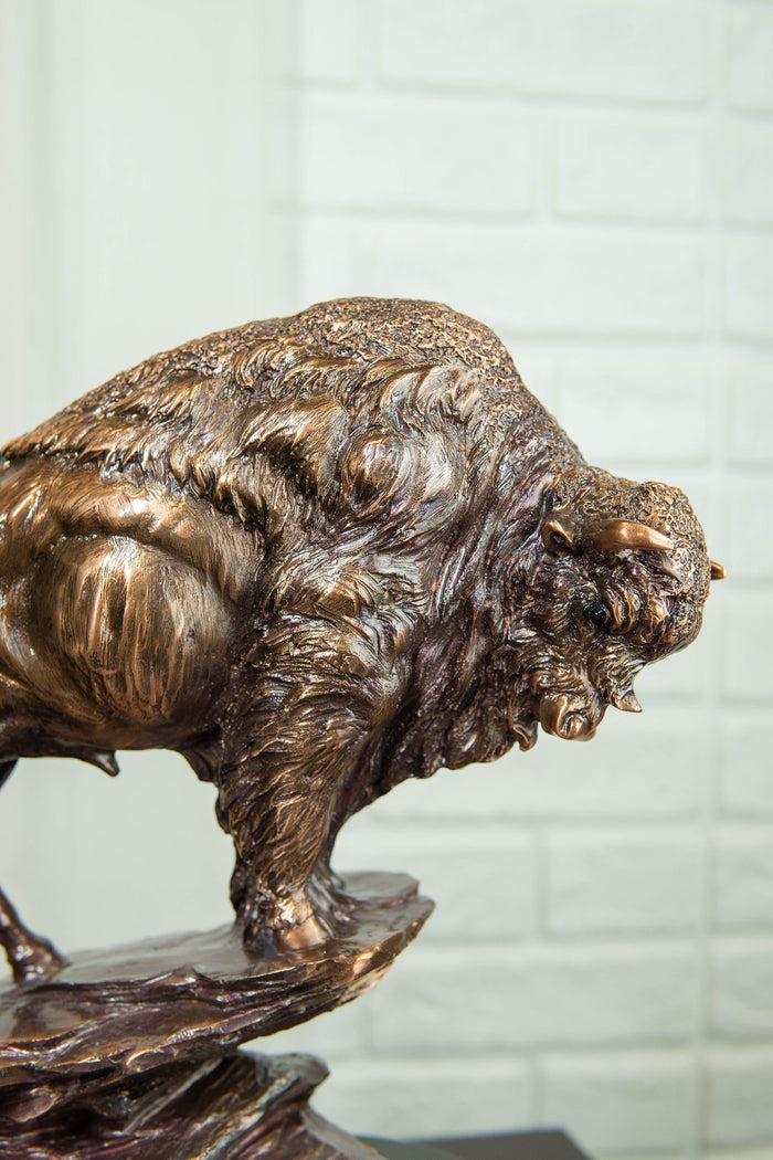 Buffalo Jump American Bison On Cliff Edge Bronze Electroplated Finish Statue