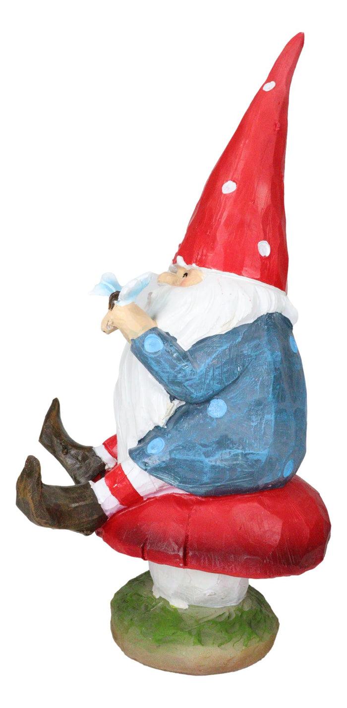 Camper Gnome Sitting On Toadstool Mushroom With A Bluebird Fairy Garden Figurine