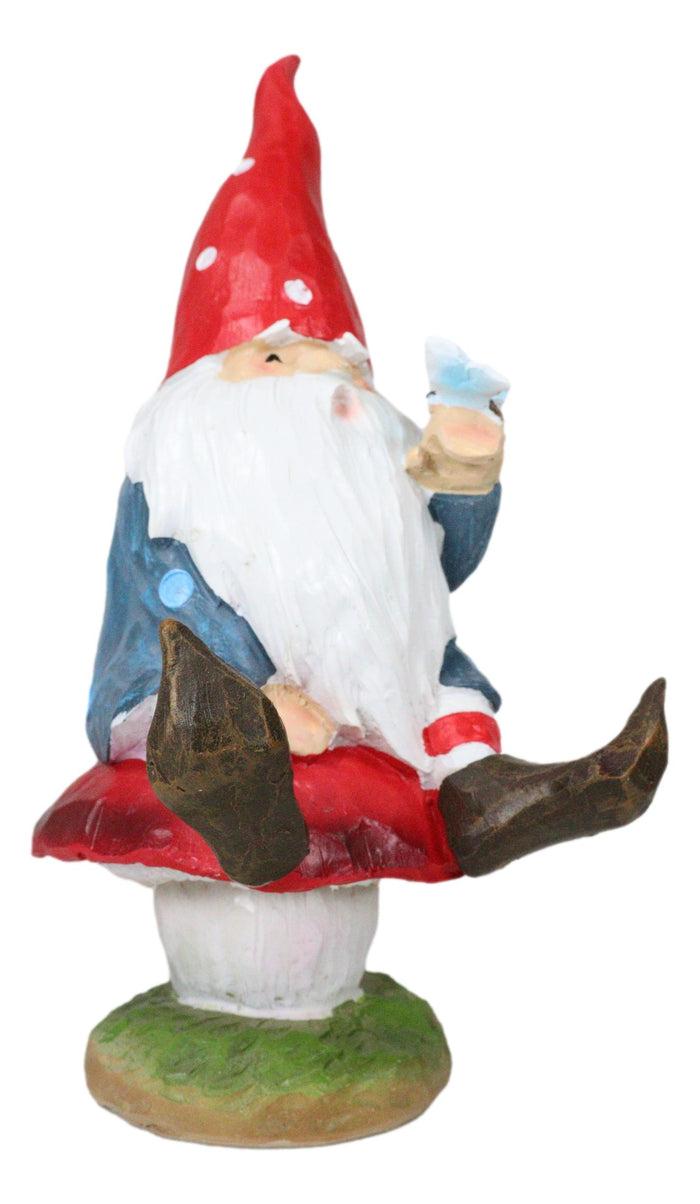 Camper Gnome Sitting On Toadstool Mushroom With A Bluebird Fairy Garden Figurine