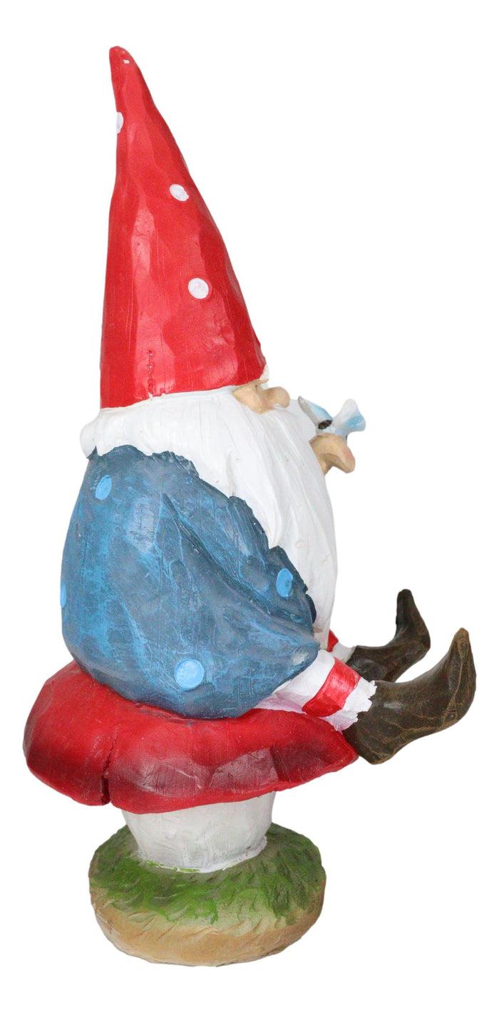 Camper Gnome Sitting On Toadstool Mushroom With A Bluebird Fairy Garden Figurine