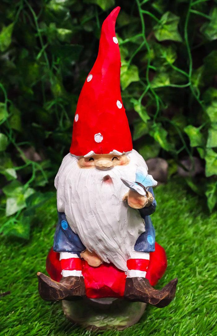 Camper Gnome Sitting On Toadstool Mushroom With A Bluebird Fairy Garden Figurine