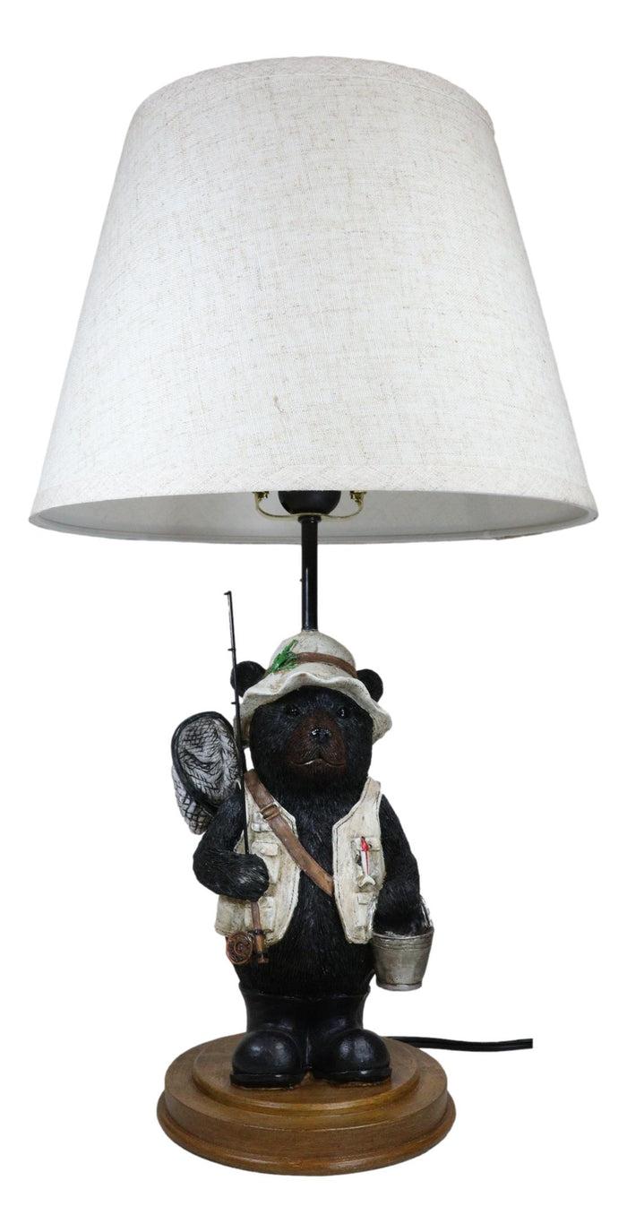 Camping Fisherman Angler Bear Going Fishing With Pole Net And Bucket Table Lamp