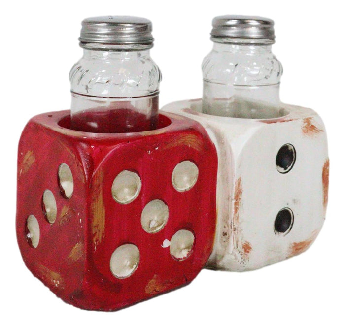 Casino Gambler Red And White Distressed Double Dice Salt Pepper Shakers Holder